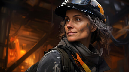 A woman in a hard hat and goggles looks towards the right side of the frame.