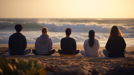 group mindfulness beach meditation, friends practicing meditation with a calm middle-eastern coach on a sunny beach with gentle waves in the background, promoting mindfulness