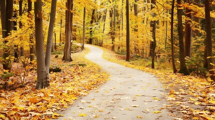 Obraz premium Winding Path Through Vibrant Autumn Forest Filled With Golden Leaves