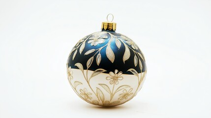 Blue and white christmas ornament with gold floral decorations is standing on a white background. The ornament is decorated with a floral pattern