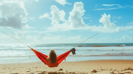 Fototapeta premium Relaxing in a Hammock by the Beach on a Sunny Afternoon With Beautiful Clouds