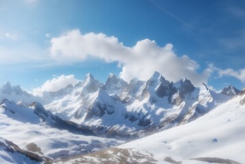 Fototapeta premium Snowy mountains at sun day. Caucasus Mountains. View from ski resort Dombay. 