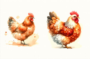 Fototapeta premium hen character in watercolor style, featuring vibrant colors and whimsical details. Watercolor illustration on textured paper. 