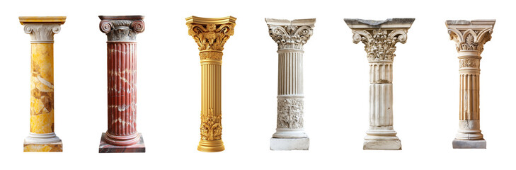 Obraz premium Medieval pillar with ancient Greek design. Roman column relics. Isolated on transparent PNG background. Decorative historical elements. Antique architectural heritage.
