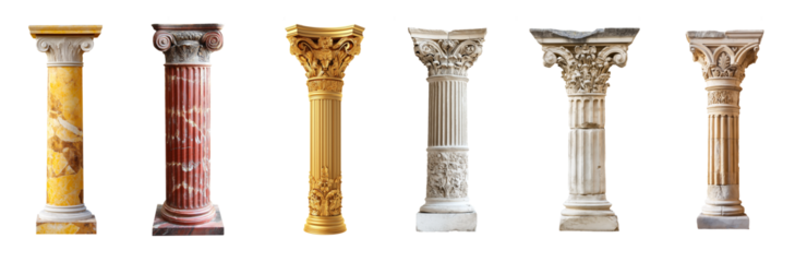 Medieval pillar with ancient Greek design. Roman column relics. Isolated on transparent PNG background. Decorative historical elements. Antique architectural heritage.