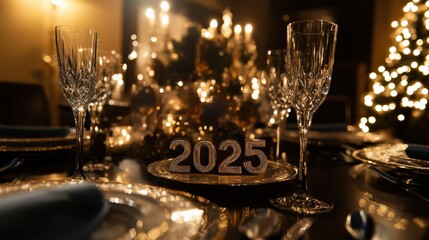 A festive table is prepared for New Year’s Eve celebration, adorned with sparkling decorations and a centerpiece for welcoming 2025, happy new year 2025 and merry christmas theme