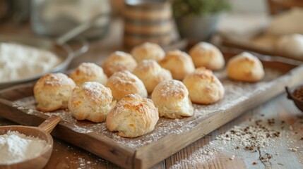 Freshly baked batch of cottage cheese puffs arranged on a rustic wooden tray