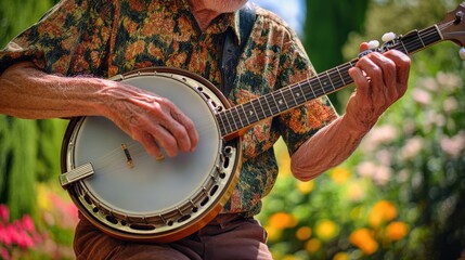 Elderly man playing banjo in garden, close-up on hands, vibrant colors