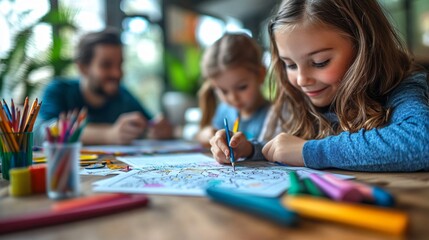 Fototapeta premium Family Fun at Home Parents and Kids Engaged in Creative Coloring Session, Filled with Warmth and Unity