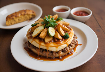A vibrant plate showcasing a towering sandwich, overflowing with colorful fillings and garnishes.