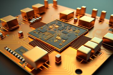 Close-up of a golden circuit board with a central processor chip.