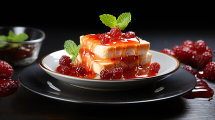 A bread with jelly in a plate on white background