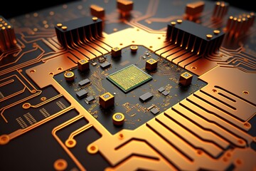 Close-up of a golden circuit board with a green chip in the center.
