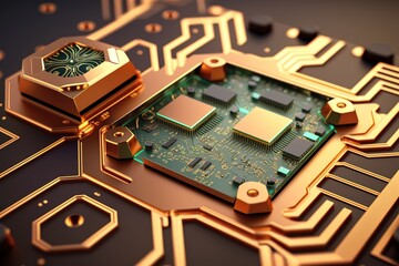 Close-up of a golden circuit board with a green chip.