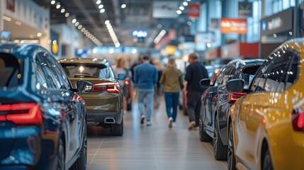 A bustling car showroom with various cars on display and people walking around.