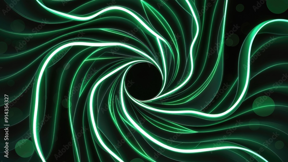 Poster 3d render of dynamic abstract vortex with wavy green neon lines against a black background featuring