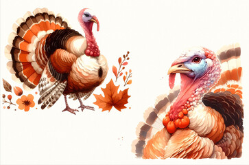 
watercolor illustration of a turkey, featuring vibrant feathers and a whimsical design. Perfect for adding a touch of seasonal cheer to your projects. WatercolorTu illustration on textured paper.