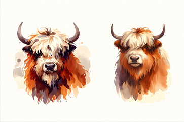 yak character in watercolor style, featuring vibrant colors and whimsical details. Watercolor illustration on textured paper.