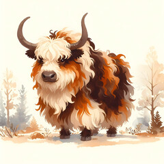 yak character in watercolor style, featuring vibrant colors and whimsical details. Watercolor illustration on textured paper.