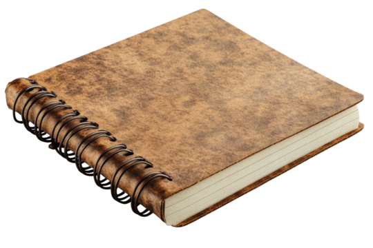 A rustic brown spiral bound notebook, perfect for jotting down ideas, sketches, or stories. A timeless addition to any workspace.