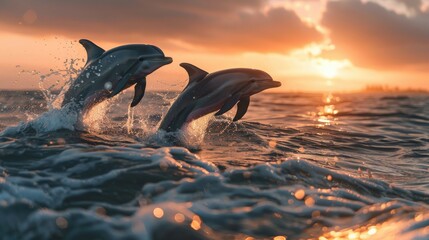 Fototapeta premium Dolphins Leaping in Ocean at Sunset.