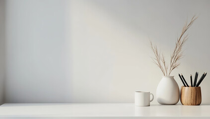 Modern Workspace Setup: White Desk and Minimalist Decor on Grey Wall