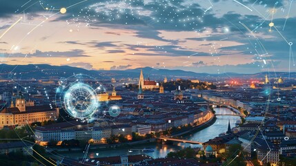 Nighttime Panorama of Vienna with Digital Overlays