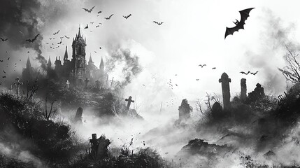 Obraz premium Halloween flyer, eerie graveyard with fog and bats, gothic style, monochrome, isolated on white background