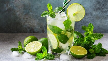 Fototapeta premium Refreshing Mojito Cocktail with Fresh Lime and Mint
