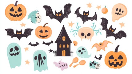 Cute Halloween illustration with pumpkins, bats, ghosts and a haunted house.