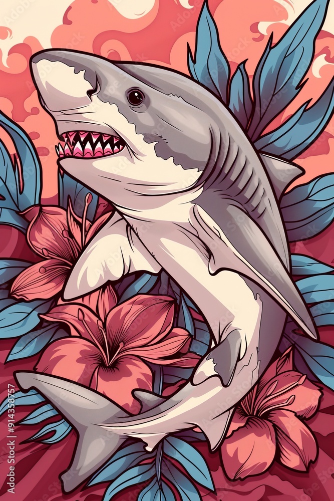 Wall mural  A shark depicted amidst flowers and leaves against a pink backdrop, with a white shark centrally positioned