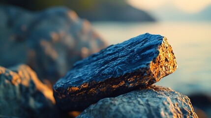  A stack of rocks atop a sandy beach, adjacent to a body of water and a rocky shoreline