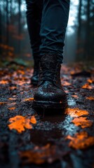 A person walks on a muddy path among vibrant autumn leaves in a foggy forest