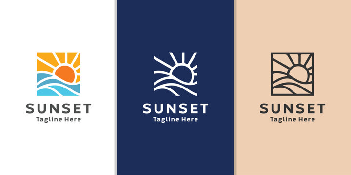 Abstract Sunset beach logo Landscape design Template Vector illustration. summer Wave sun Logo.