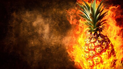 Pineapple on Fire in a Dark Room A whole pineapple is set ablaze in a dimly lit room. The flames engulf the pineapple, creating a striking visual effect. Copy space is available on the left 