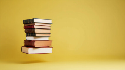 Fototapeta premium Stack of books appears to float effortlessly against bright yellow backdrop with copy space
