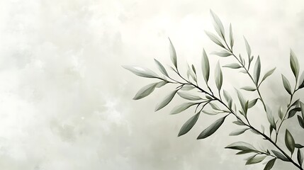 Watercolor Painting of Green Leaves Against a Cloudy Background