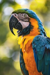 Fototapeta premium Closeup of a colorful parrot, green blurred background, bright and detailed