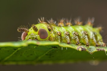  A tight shot of a green caterpillar atop a leaf, surrounded by secondary caterpillars in the backdrop