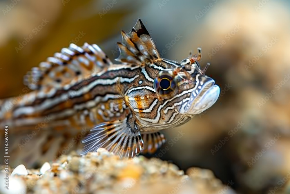 Wall mural a tight shot of a fish perched on a submerged rock amidst a backdrop of aquatic vegetation and under