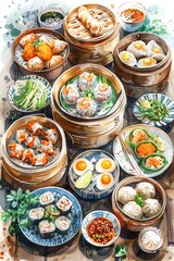 Fototapeta premium Dim sum feast, watercolor illustration, variety of dishes, vibrant and detailed
