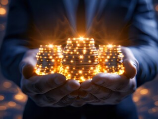 A businessman holds illuminated coins, symbolizing wealth and prosperity, in a captivating dark atmosphere filled with sparkles.