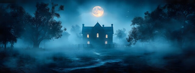 A haunted house in the foggy dark night, with spooky and mysterious vibes, in the style of a horror movie poster, with a dark blue color theme creating an eerie atmosphere