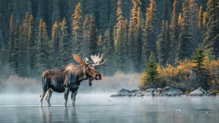 Moose in Misty Forest by Lake.