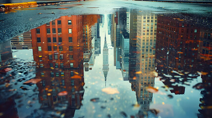 Cityscape reflected upside down in a puddle after rain.