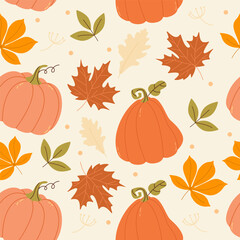 Autumn seamless pattern with mushrooms, autumn leaves, pumpkins and branches seamless pattern vector. Autumn themes, Halloween, Thanksgiving design elements, flat