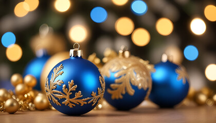 Fototapeta premium Assorted Christmas baubles in gold, blue, and rose gold on a wooden surface with bokeh lights. 