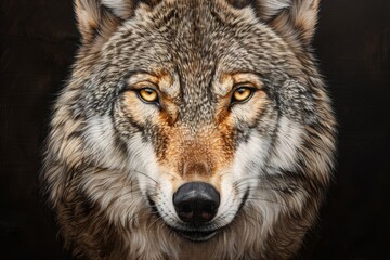  A tight shot of a wolf's expressionive face, eyes intensely gazing forward, against a pitch-black backdrop