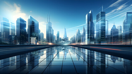 Cityscape with reflection of modern skyscrapers on a wet street.