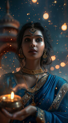 A beautiful Indian woman in a blue saree holds an oil lamp, with lights and candles glowing in the background. The night sky, filled with stars, adds a magical touch to the scene